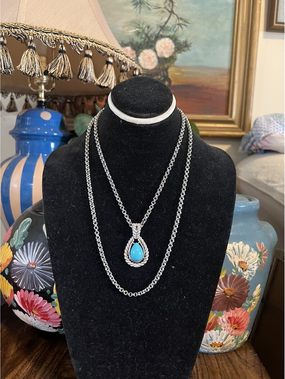 Vtg Avon Blue Faux Turquoise Teardrop Necklace Texture Silver-Tone Double Strand